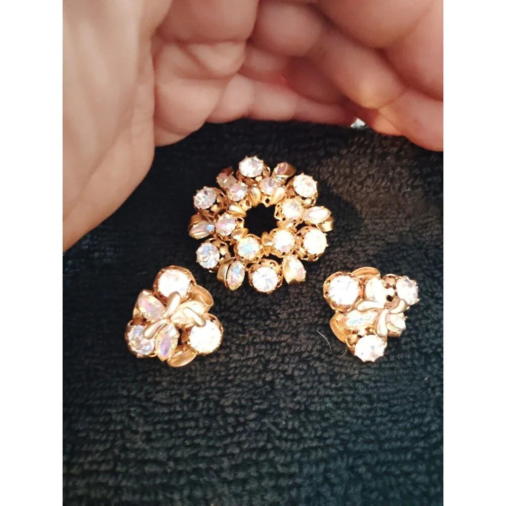 Clip on earring and Pin set Iridescent Rhinestone